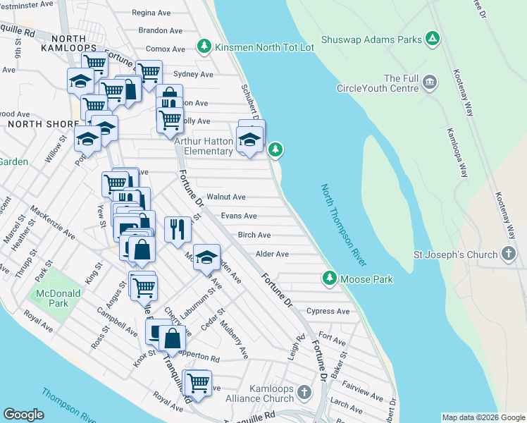 map of restaurants, bars, coffee shops, grocery stores, and more near 285 Evans Avenue in Kamloops