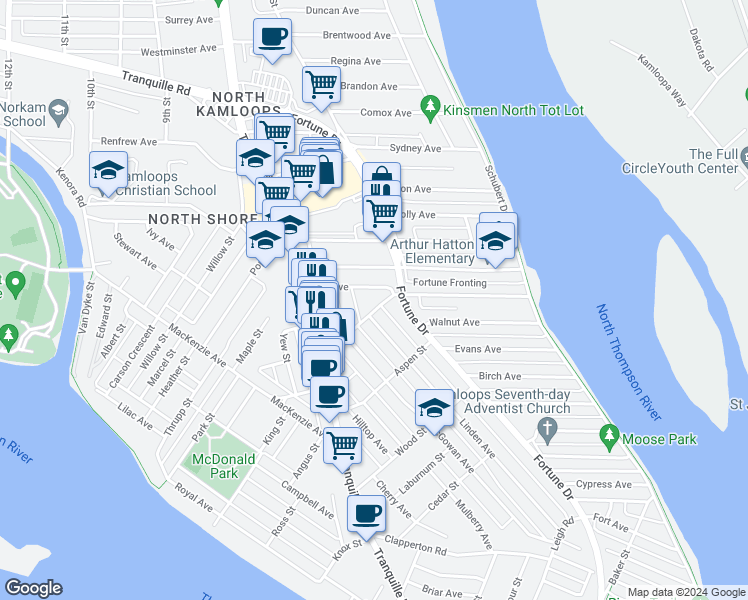 map of restaurants, bars, coffee shops, grocery stores, and more near 155 Oak Road in Kamloops
