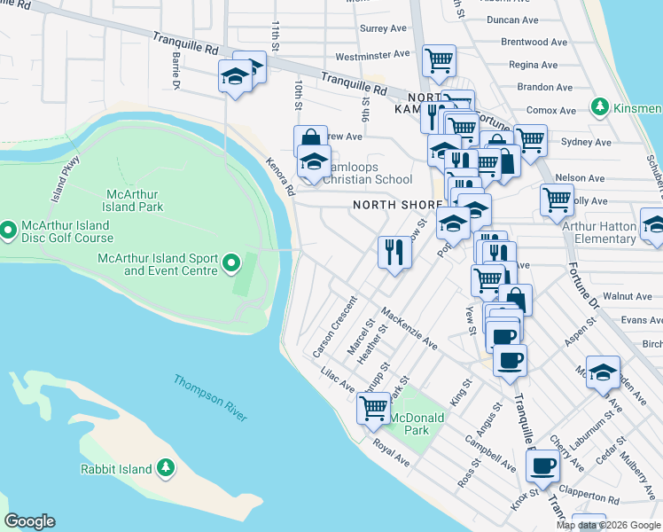 map of restaurants, bars, coffee shops, grocery stores, and more near 379 Pender Place in Kamloops