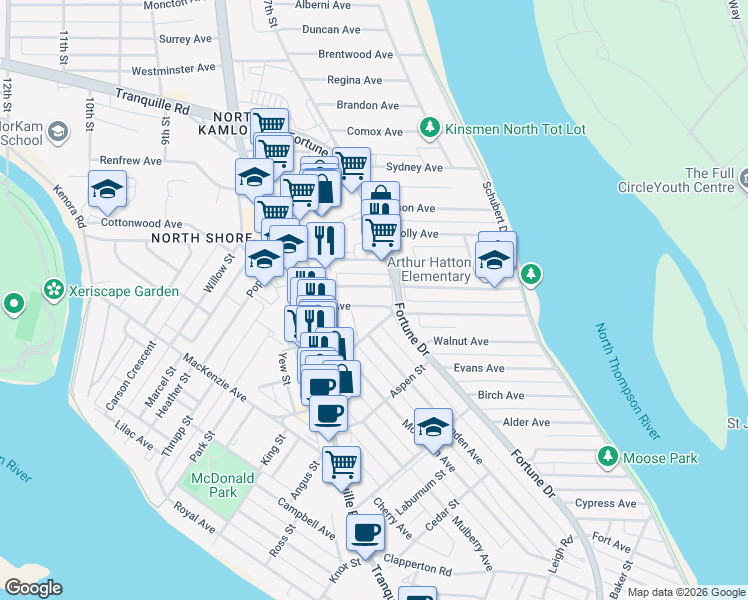 map of restaurants, bars, coffee shops, grocery stores, and more near 155 Oak Road in Kamloops