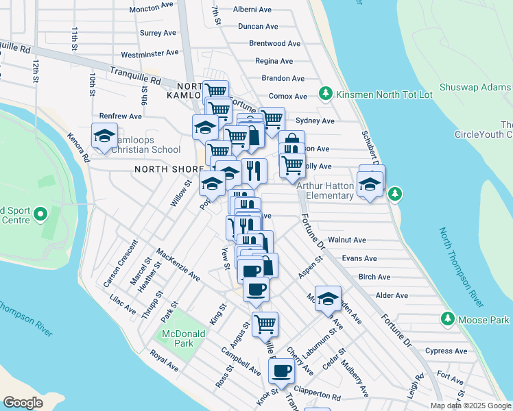 map of restaurants, bars, coffee shops, grocery stores, and more near 120 Chestnut Avenue in Kamloops