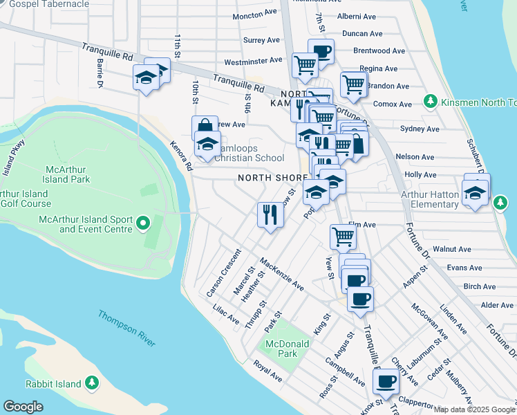map of restaurants, bars, coffee shops, grocery stores, and more near 285 Sherwood Drive in Kamloops