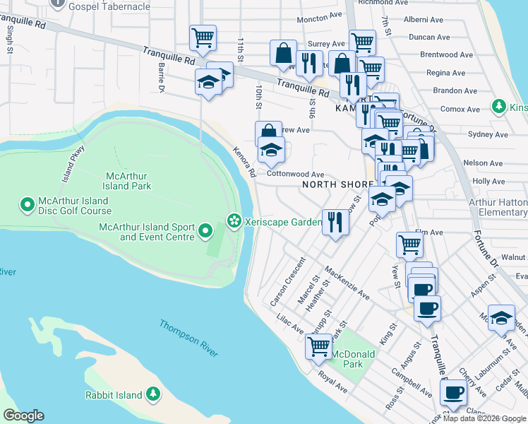 map of restaurants, bars, coffee shops, grocery stores, and more near 321 Kenora Road in Kamloops