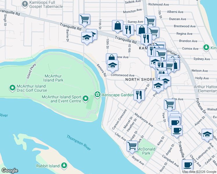 map of restaurants, bars, coffee shops, grocery stores, and more near 321 Kenora Road in Kamloops
