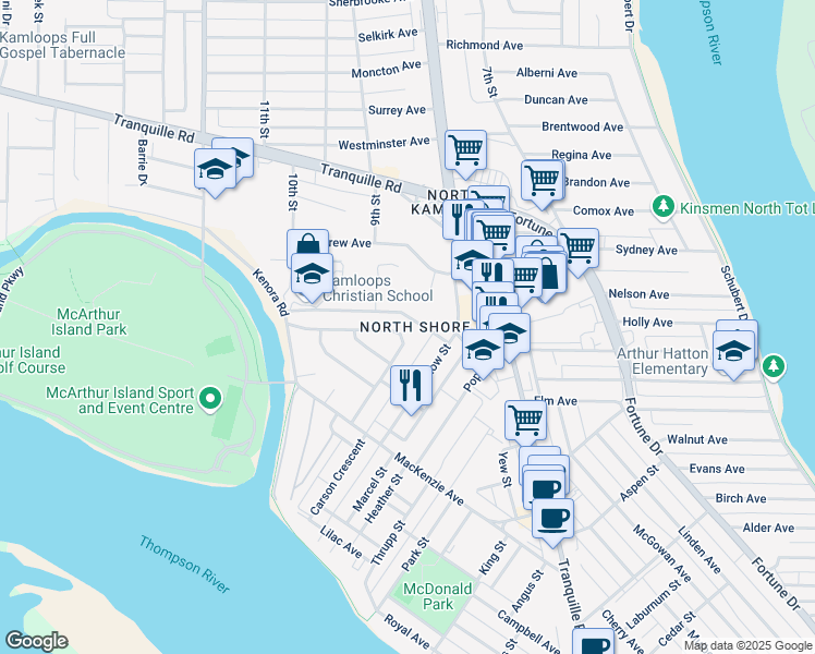 map of restaurants, bars, coffee shops, grocery stores, and more near 285 Sherwood Drive in Kamloops
