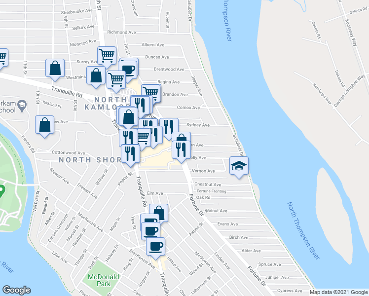 map of restaurants, bars, coffee shops, grocery stores, and more near 705 Fortune Drive in Kamloops