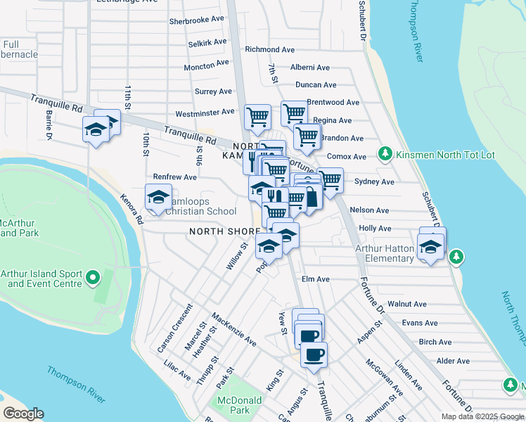 map of restaurants, bars, coffee shops, grocery stores, and more near 689 Tranquille Road in Kamloops
