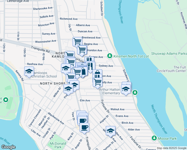 map of restaurants, bars, coffee shops, grocery stores, and more near 705 Fortune Drive in Kamloops