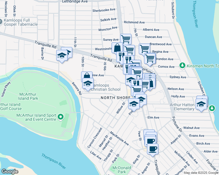 map of restaurants, bars, coffee shops, grocery stores, and more near 730 Cottonwood Avenue in Kamloops