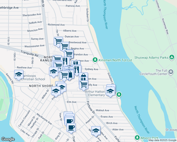 map of restaurants, bars, coffee shops, grocery stores, and more near 659 Sydney Avenue in Kamloops