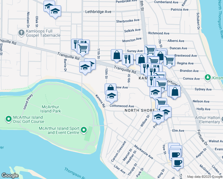 map of restaurants, bars, coffee shops, grocery stores, and more near 961 Renfrew Avenue in Kamloops