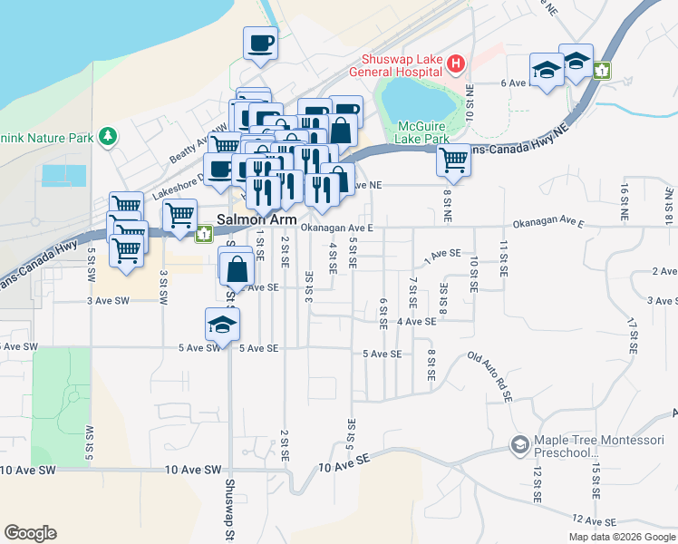 map of restaurants, bars, coffee shops, grocery stores, and more near 150 4 Street Southeast in Salmon Arm