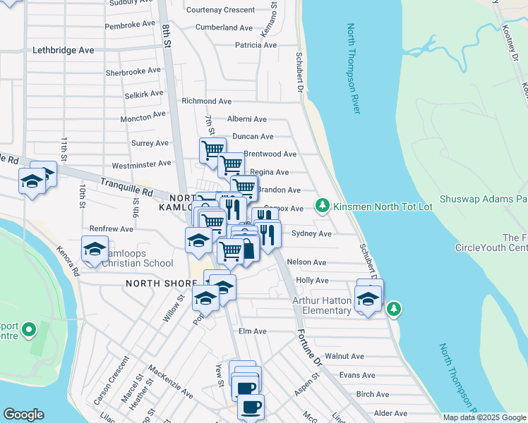 map of restaurants, bars, coffee shops, grocery stores, and more near 683 Comox Avenue in Kamloops