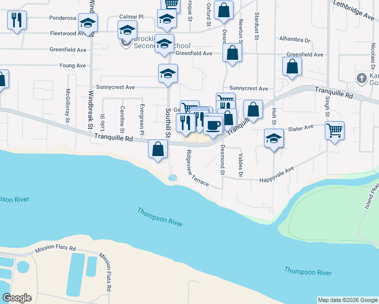 map of restaurants, bars, coffee shops, grocery stores, and more near 1800 Tranquille Road in Kamloops