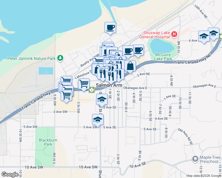map of restaurants, bars, coffee shops, grocery stores, and more near 10 1 Street Southeast in Salmon Arm