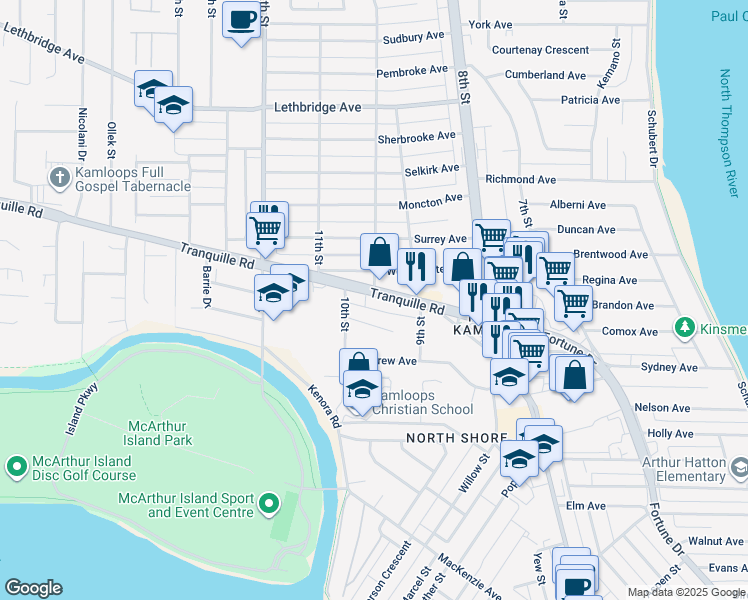 map of restaurants, bars, coffee shops, grocery stores, and more near in Kamloops