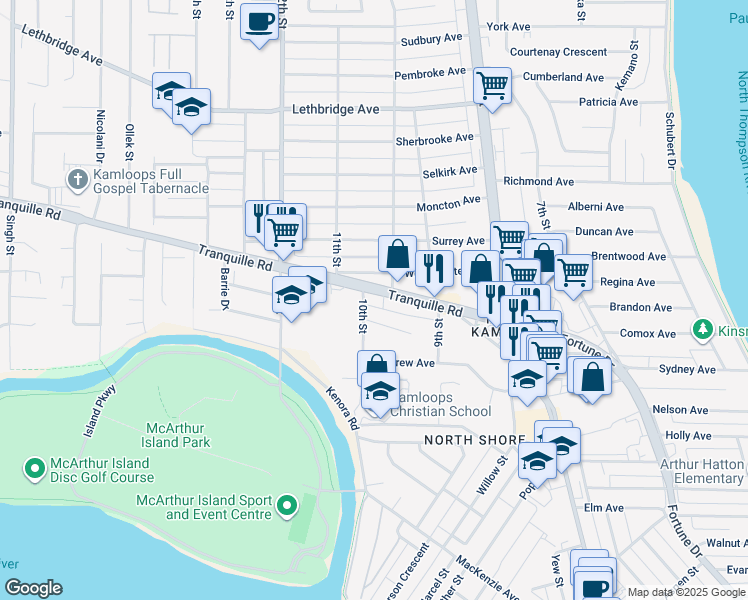 map of restaurants, bars, coffee shops, grocery stores, and more near 1015 Tranquille Road in Kamloops