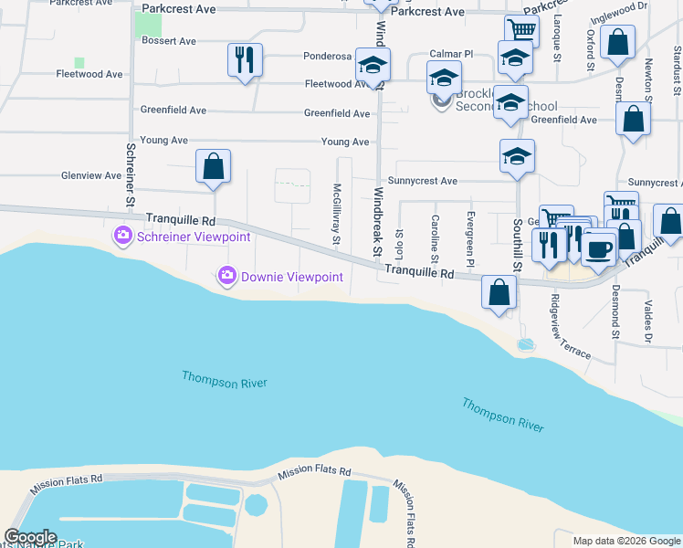 map of restaurants, bars, coffee shops, grocery stores, and more near 2145 Tranquille Road in Kamloops