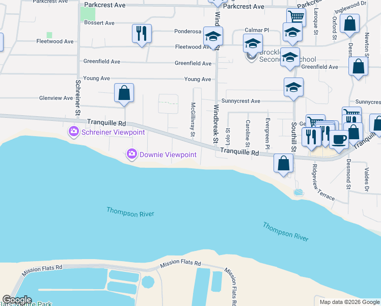 map of restaurants, bars, coffee shops, grocery stores, and more near 2145 Tranquille Road in Kamloops