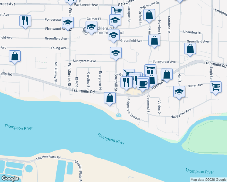 map of restaurants, bars, coffee shops, grocery stores, and more near 815 Southill Street in Kamloops