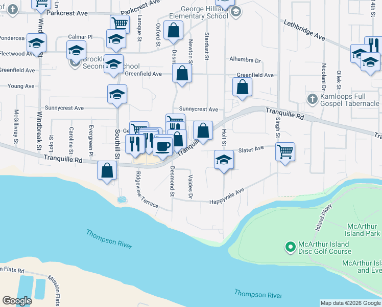 map of restaurants, bars, coffee shops, grocery stores, and more near 1760 Brunner Avenue in Kamloops