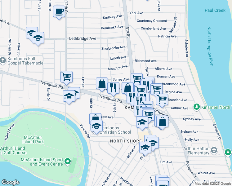 map of restaurants, bars, coffee shops, grocery stores, and more near 885 Westminster Avenue in Kamloops