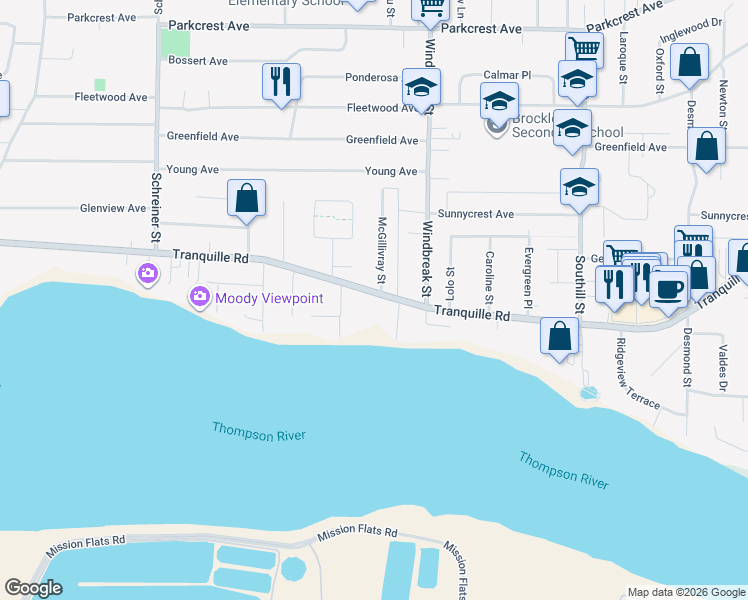 map of restaurants, bars, coffee shops, grocery stores, and more near 2145 Tranquille Road in Kamloops