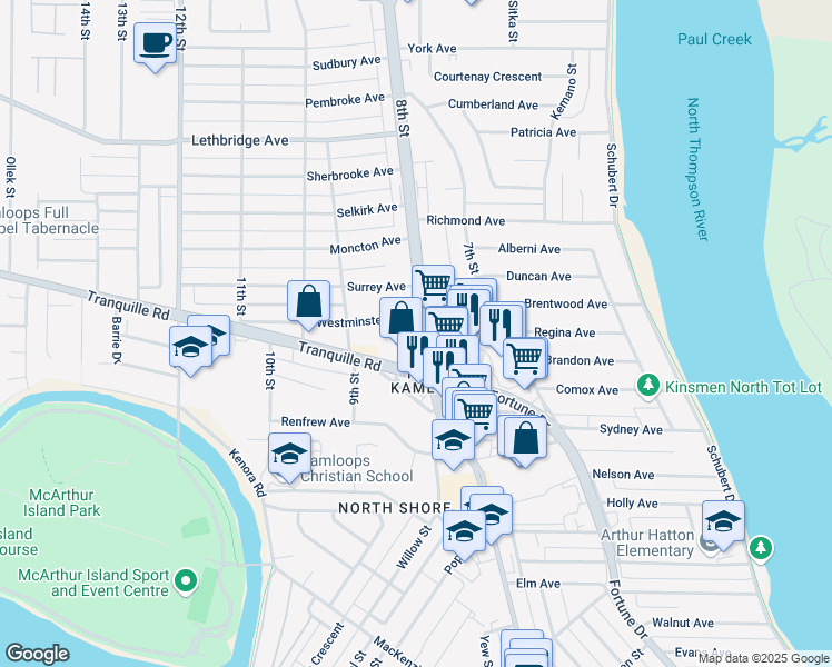 map of restaurants, bars, coffee shops, grocery stores, and more near 855 8th Street in Kamloops