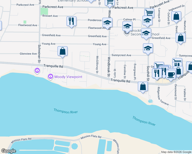 map of restaurants, bars, coffee shops, grocery stores, and more near 2145 Tranquille Road in Kamloops