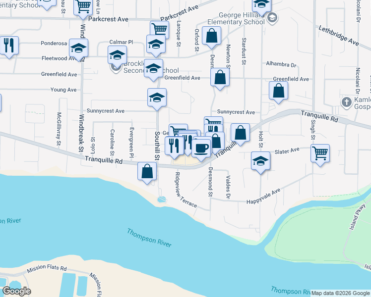 map of restaurants, bars, coffee shops, grocery stores, and more near 1800 Tranquille Road in Kamloops