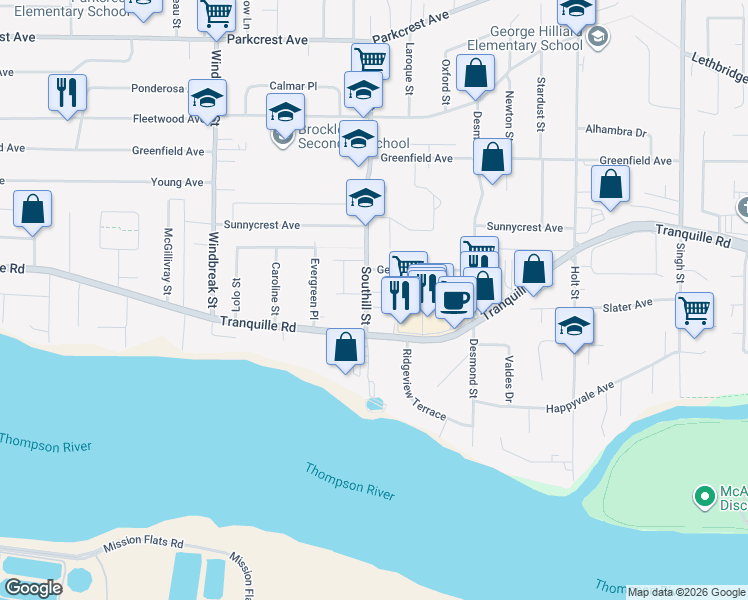 map of restaurants, bars, coffee shops, grocery stores, and more near 835 Southill Street in Kamloops