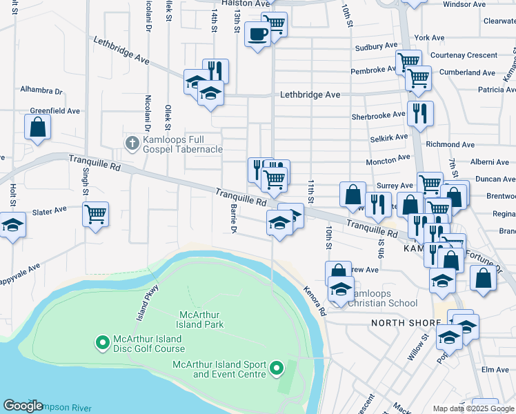 map of restaurants, bars, coffee shops, grocery stores, and more near 1221 Tranquille Road in Kamloops