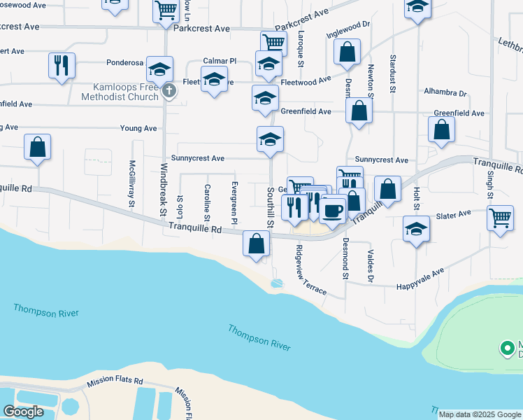 map of restaurants, bars, coffee shops, grocery stores, and more near 800 Southill Street in Kamloops