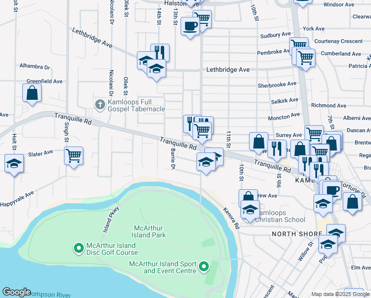 map of restaurants, bars, coffee shops, grocery stores, and more near 896 13th Street in Kamloops