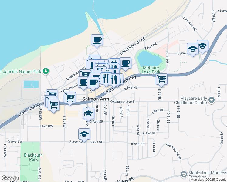 map of restaurants, bars, coffee shops, grocery stores, and more near 271 British Columbia 1 in Salmon Arm