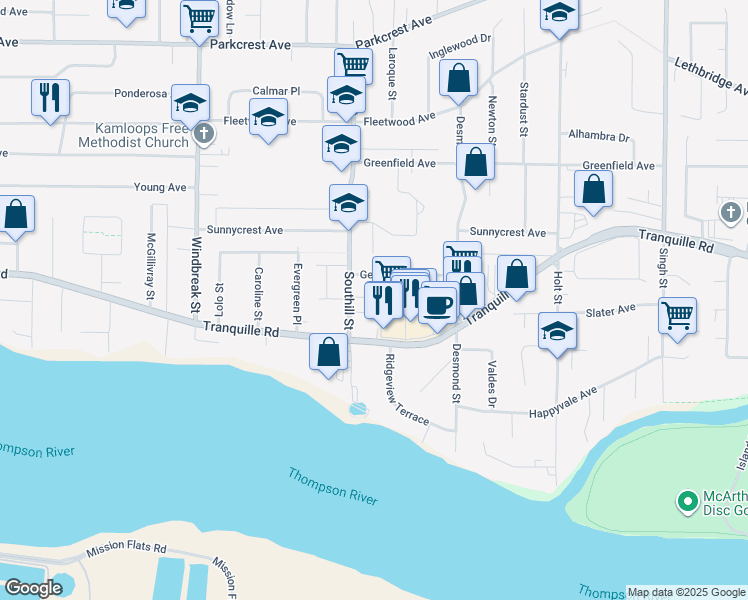 map of restaurants, bars, coffee shops, grocery stores, and more near 1876 Tranquille Road in Kamloops