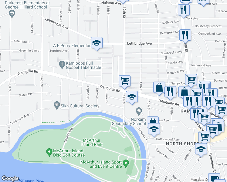 map of restaurants, bars, coffee shops, grocery stores, and more near 1255 Tranquille Road in Kamloops
