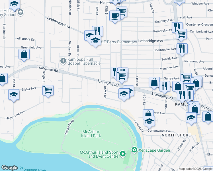 map of restaurants, bars, coffee shops, grocery stores, and more near 1330 Tranquille Road in Kamloops