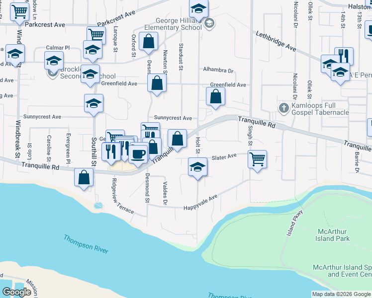 map of restaurants, bars, coffee shops, grocery stores, and more near 1741 Tranquille Road in Kamloops
