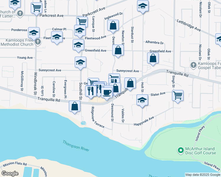 map of restaurants, bars, coffee shops, grocery stores, and more near 840 Desmond Street in Kamloops