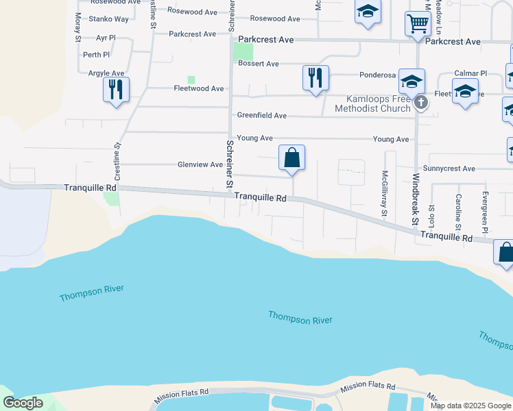 map of restaurants, bars, coffee shops, grocery stores, and more near 2361 Tranquille Road in Kamloops