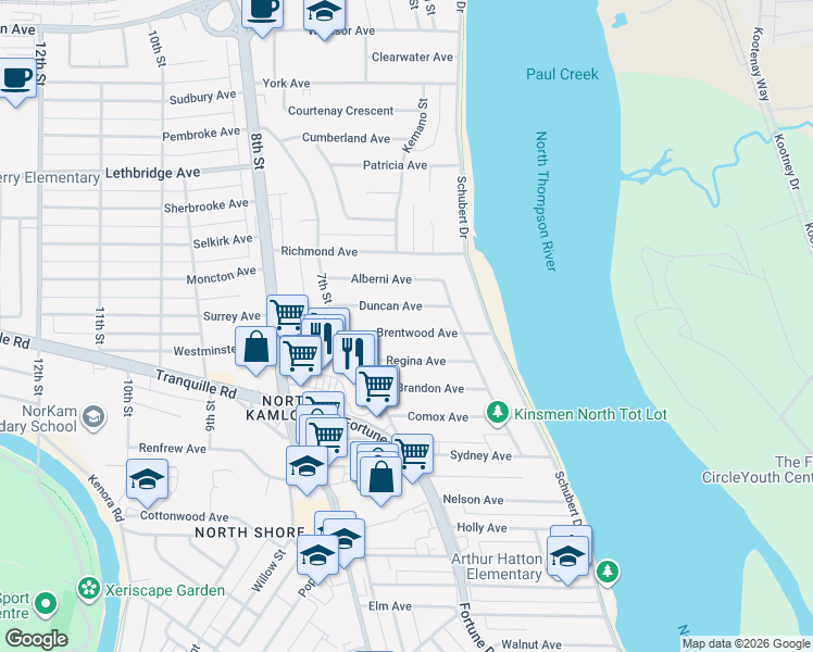map of restaurants, bars, coffee shops, grocery stores, and more near 644 Brentwood Avenue in Kamloops