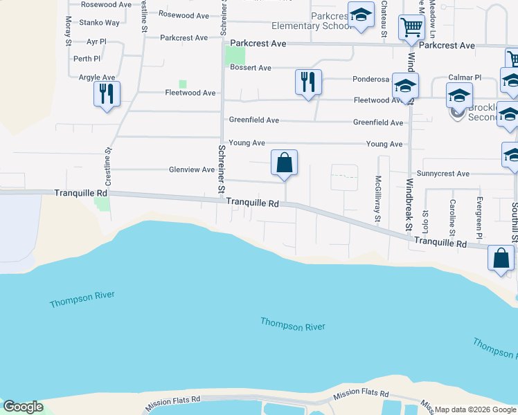 map of restaurants, bars, coffee shops, grocery stores, and more near 2361 Tranquille Road in Kamloops