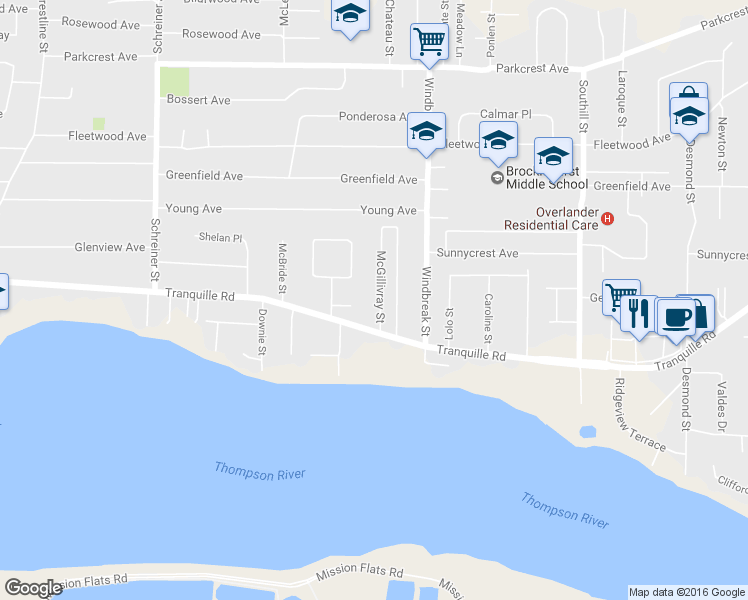 map of restaurants, bars, coffee shops, grocery stores, and more near 844 McGillivray Street in Kamloops