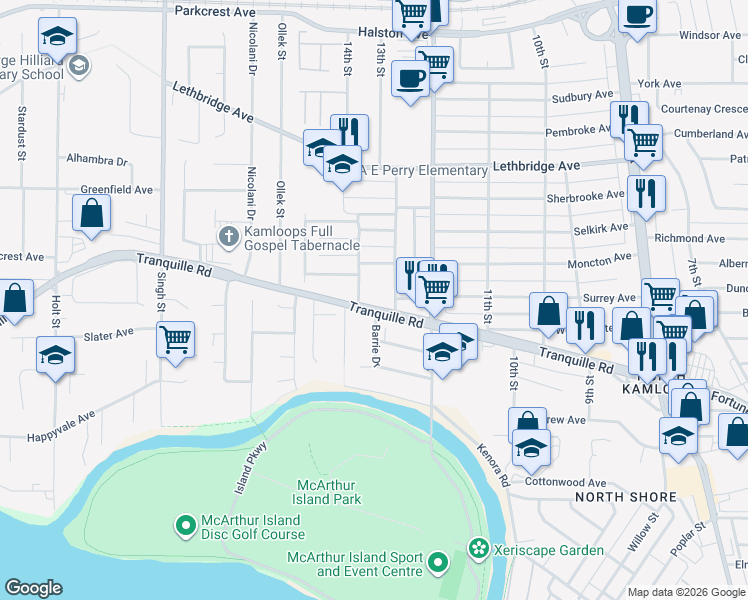 map of restaurants, bars, coffee shops, grocery stores, and more near 1330 Tranquille Road in Kamloops