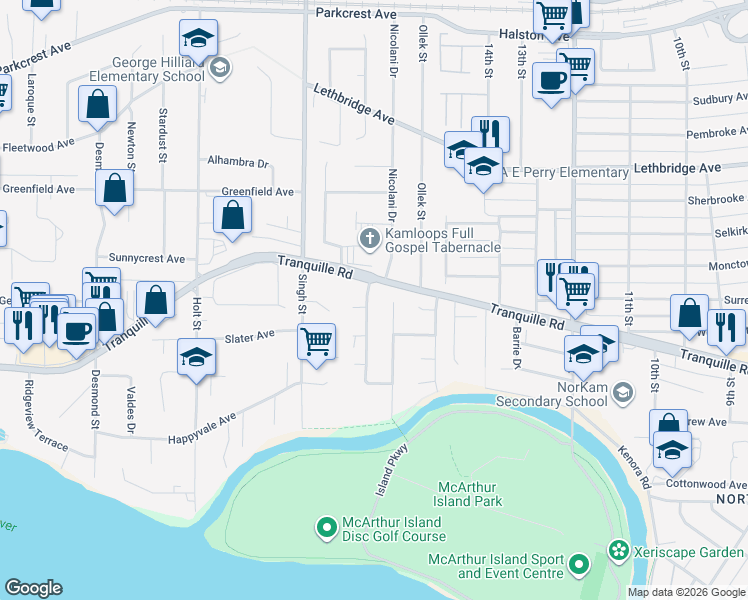 map of restaurants, bars, coffee shops, grocery stores, and more near 795 Cambridge Crescent in Kamloops