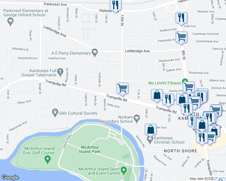 map of restaurants, bars, coffee shops, grocery stores, and more near 896 13th Street in Kamloops