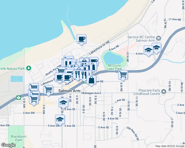 map of restaurants, bars, coffee shops, grocery stores, and more near in Salmon Arm