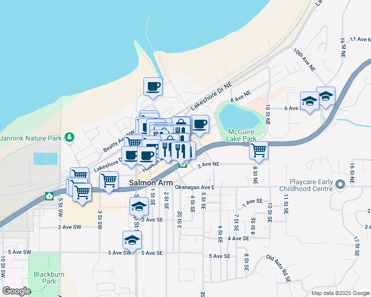 map of restaurants, bars, coffee shops, grocery stores, and more near 271 British Columbia 1 in Salmon Arm