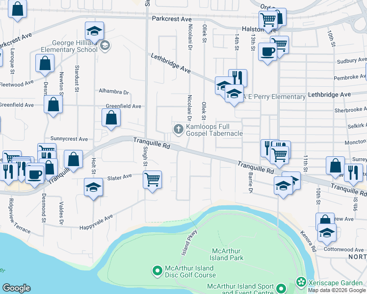 map of restaurants, bars, coffee shops, grocery stores, and more near 795 Cambridge Crescent in Kamloops